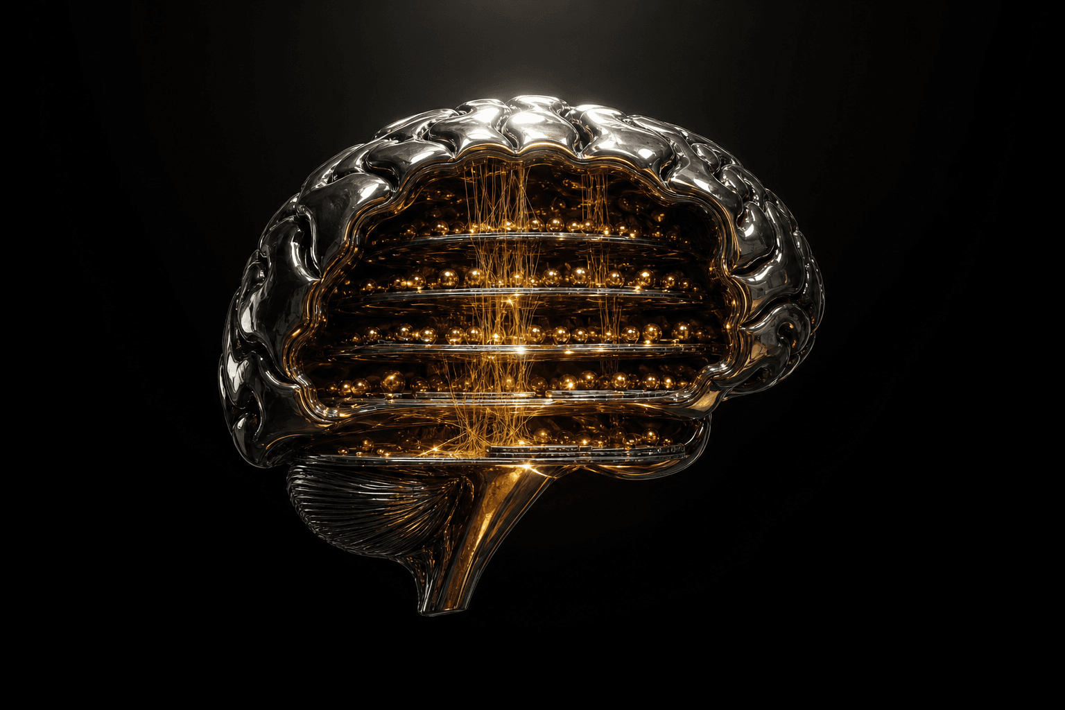 Хромовый мозг в разрезе с многослойной архитектурой памяти — символ second-brain BASEMIND